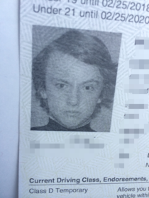 My little brother just got his drivers license and his picture looks like a James Bond villain