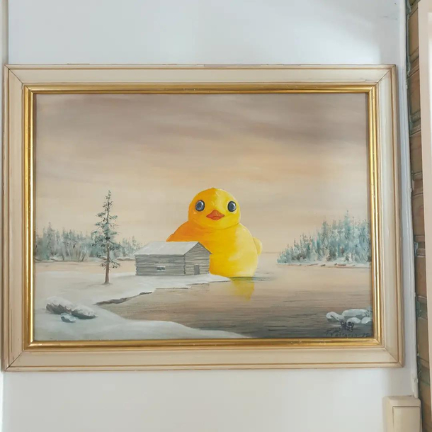  I painted a rubber duck onto this painting that was being thrown away