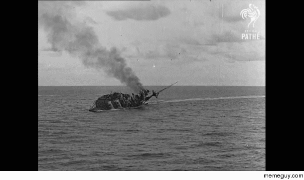 A British battleship explodes mid-capsize as a German torpedo salvo hits Huge gif
