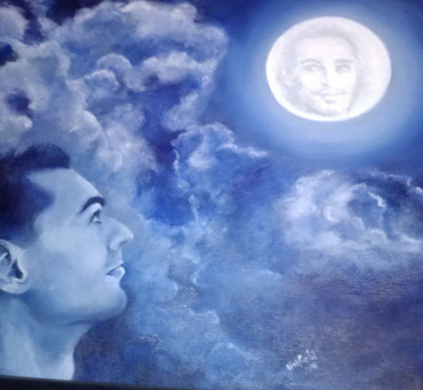A few months ago my Aunt asked what I wanted for my birthday I told her I wanted her to make me a portrait of me looking up at myself reflected in the Moon Well todays my birthday and I just received this