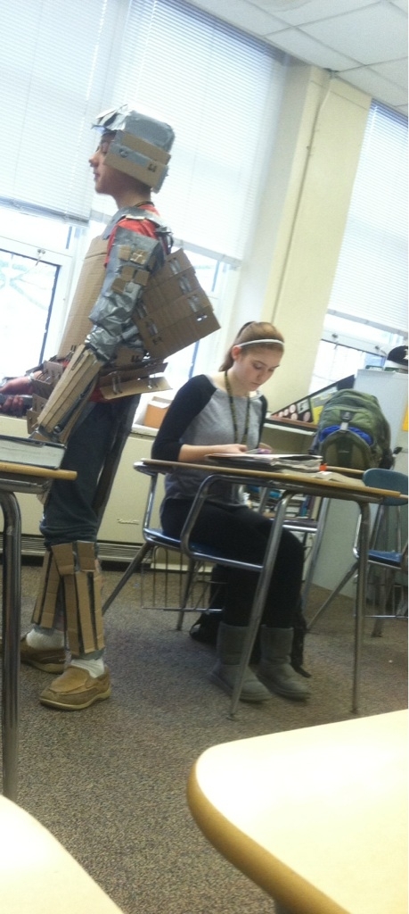A kid came to class today dressed in full Samurai cardboard armor with cardboard swords