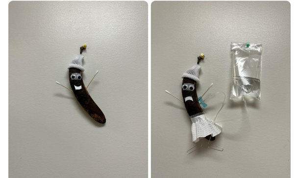 A neglected banana was sitting in the break room for a few days so I decided to put it up on the wall and include some final touches