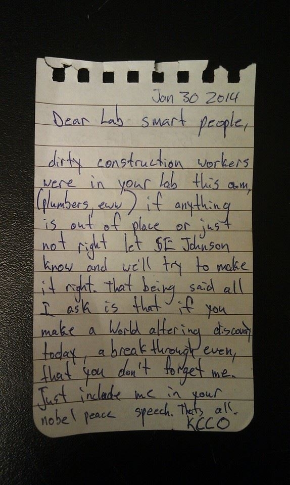 A note left in our science lab by some construction workers OC