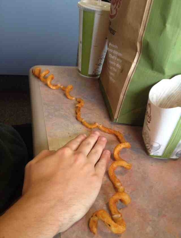 A single curly fry I got at Arbys today Boyfriends hand for scale