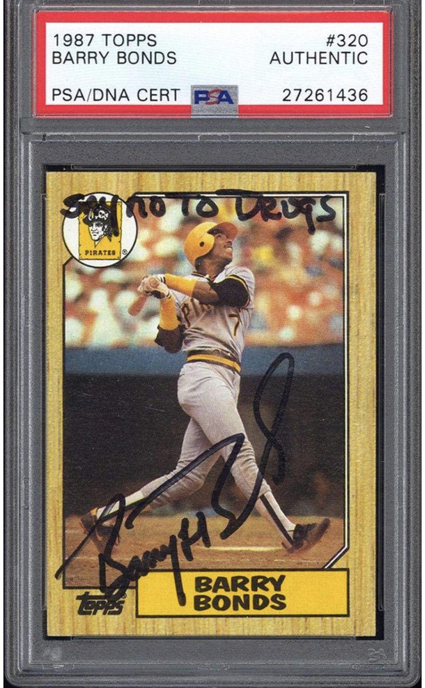 A skinny pre-drugs Barry Bonds rookie card signed with an important message