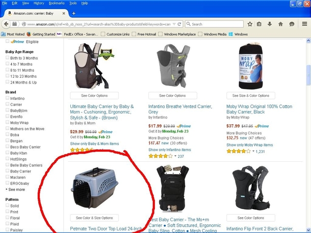 Amazon search for Baby Carrier