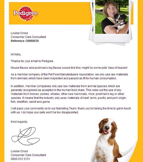 Apparently I drunk-emailed Pedigreeand they replied
