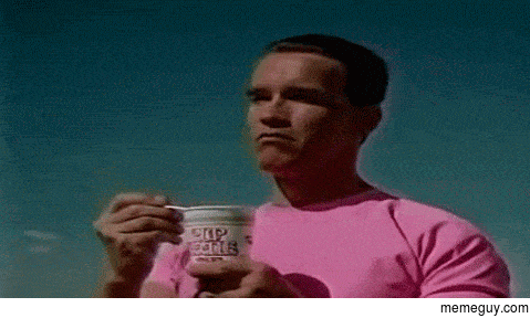 Arnold Schwarzenegger enjoying some Cup-O-Noodle