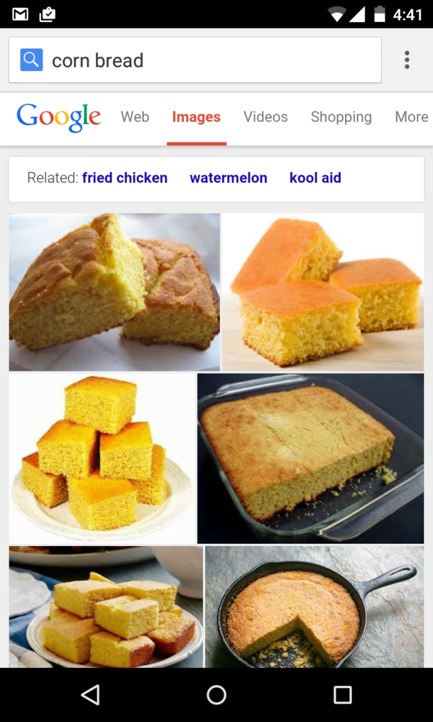 As an Australian I had no idea what cornbread is Im not sure if googles related is being racist