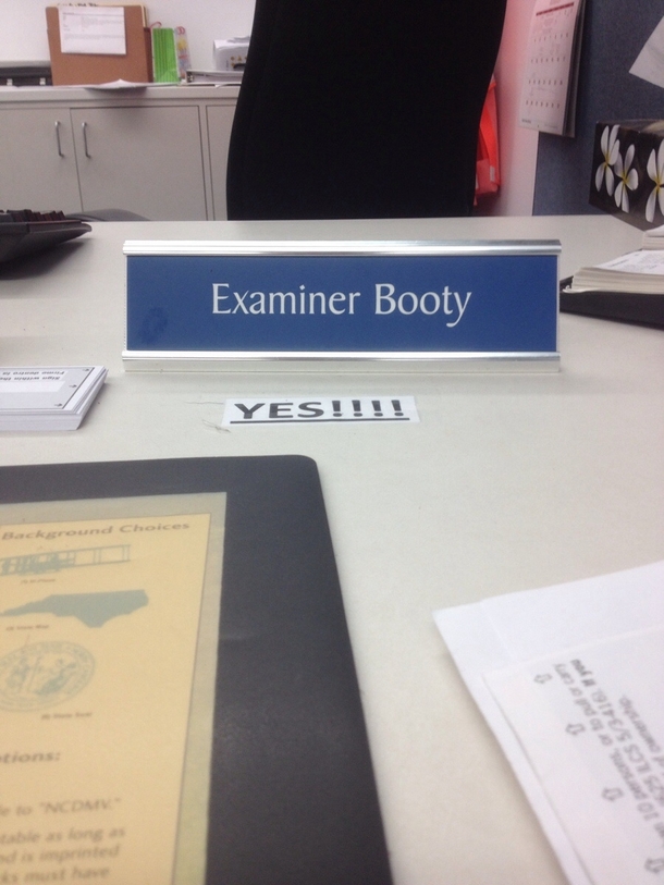 At the DMV Super frustrating until I saw my examiners name tag