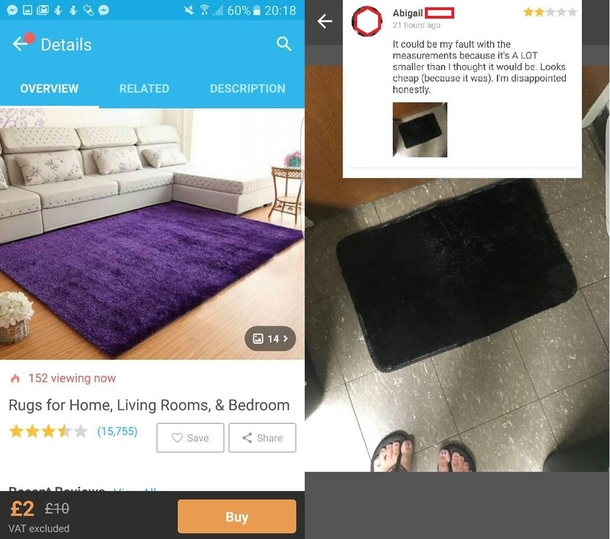 Buying a rug from the Wish app