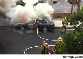 Car explodes in LA Firefighters face he doesnt even flinch