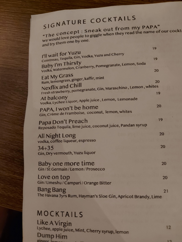 Cocktail menu full of sexual innuendos