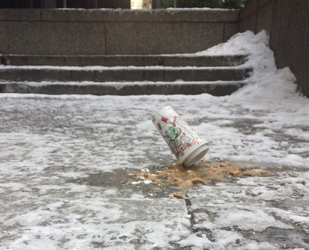 Cold day in Toronto ON Found this frozen starbucks cup on a sidewalk