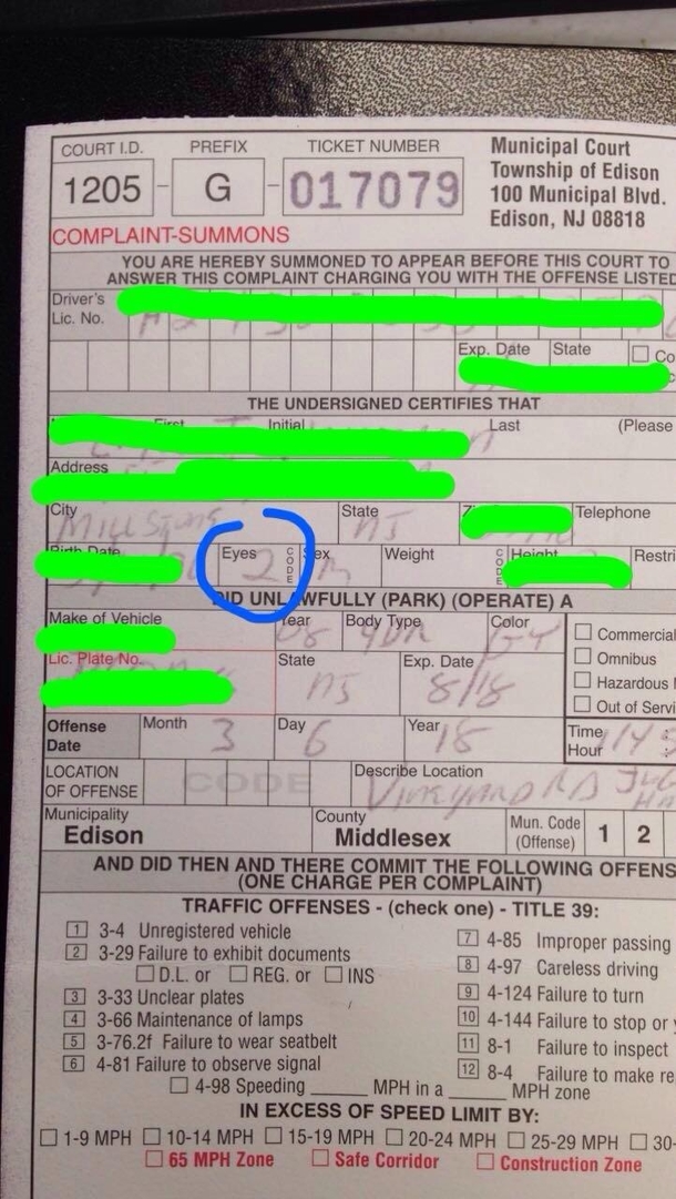 Cop who pulls me over for making a wrong turn thinks he needs to differentiate between people with - eyes