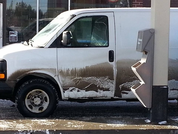 Dirty van looks like it has a Bob Ross Canvas on it