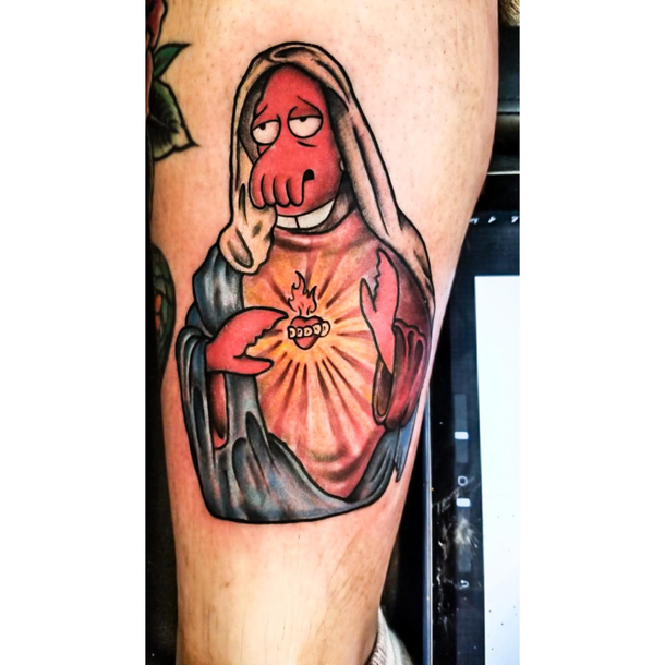 Drew a ZOIDBERG Virgin Mary tattoo design and got it tattooed on my leg ENJOY