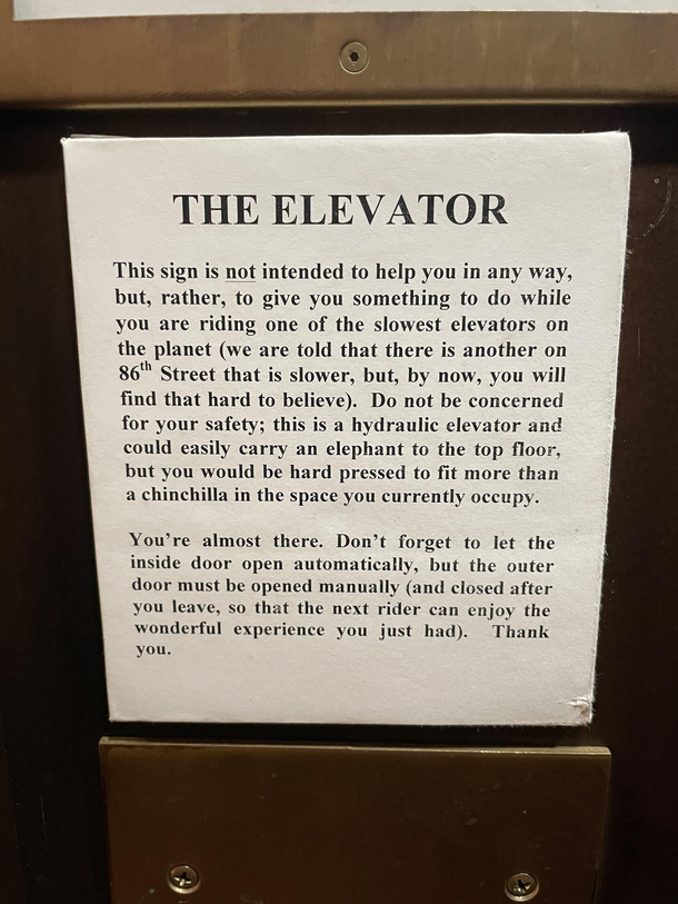 Elevator sign in UES Manhattan