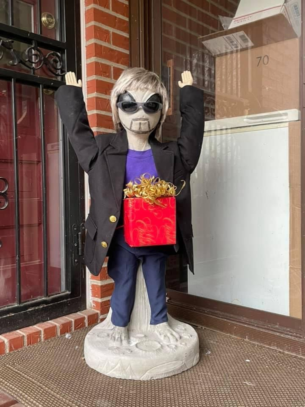 Every holiday my mom dresses her alien statue Paul in different outfits She out did herself for Christmas