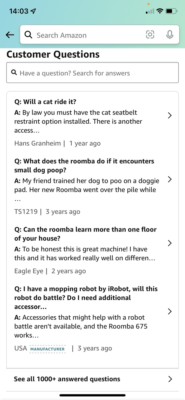 Found on Amazon today Golden Roomba Questions