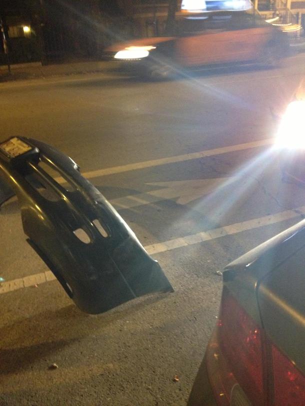 Hit-and-run in Chicago The dimwit left his bumper fully equipped with a license plate