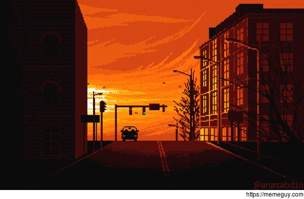 I drew this pixel art scene using  colors and called it crossroads 