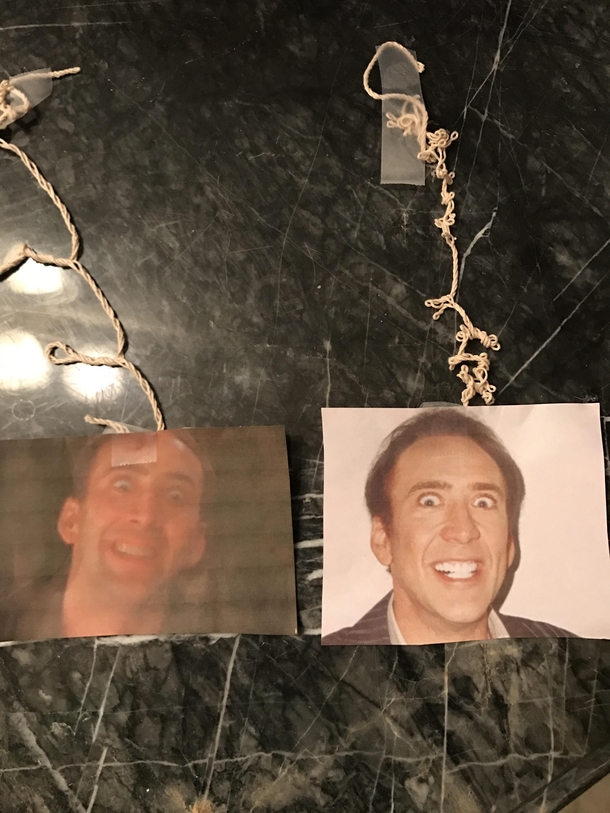 I just turned my bedroom ceiling fan on with the lights off and heard a weird noise I turned the light on and saw my  year old daughter had taped these pictures to the top of the fan blades as an early April Fools joke