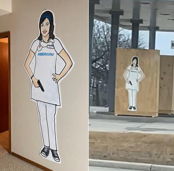 I painted Flo from progressive with a firearm and stapled her to a boarded up gas station