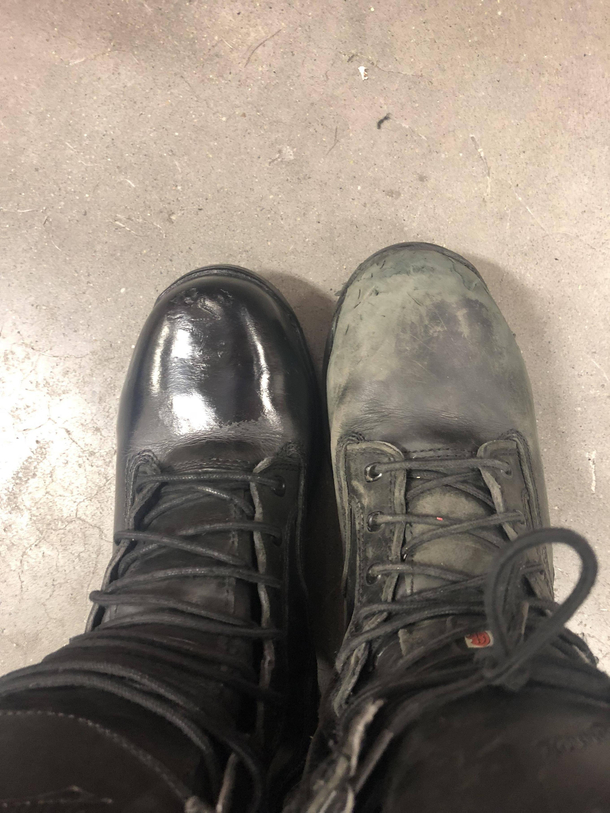 I put a couple layers of boot polish on one of my a coworkers boots every day he was on vacation ONE of his boots