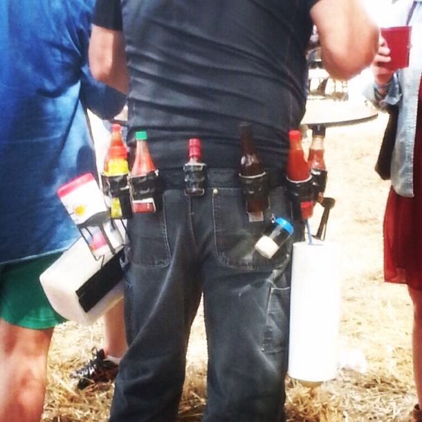I saw the Louisiana hot sauce and raise you this--seen at a BBQ beerfest in GA Complete with hand wipes and a bread holster