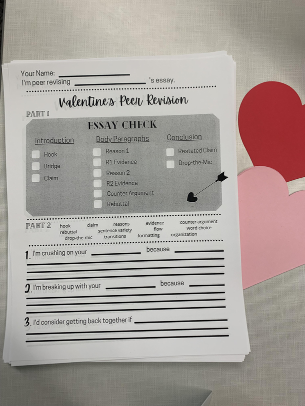 Im a middle school teacher I decided to combine the awkwardness of peer revision and Valentines Day into one activity The kids loved it