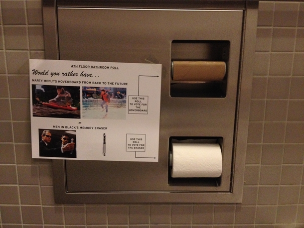 Inspired by yesterdays toilet paper post Im now using the double-rolled bathroom stall as a polling device
