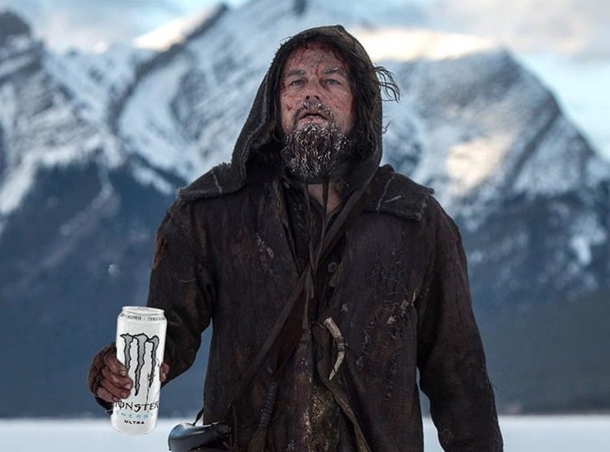 Its crazy how Leo goes from rugged mountain man to creepy homeless dude with just the addition of a Monster Energy
