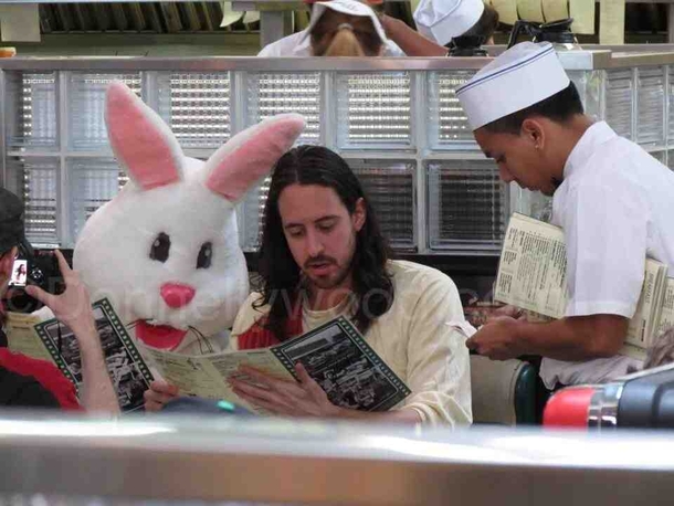 Jesus and the Easter Bunny walk into a diner