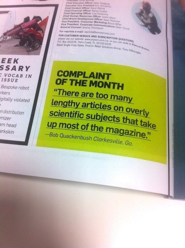 Just a complaint from the current issue of Popular Science Yeah Popular Science