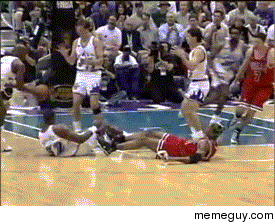 Karl Malone and Dennis Rodman tripping over each other