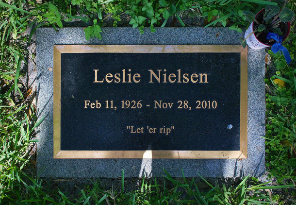 Leslie Nielsens gravestone bearing his epitaph a final reference to his favorite practical joke a fart machine