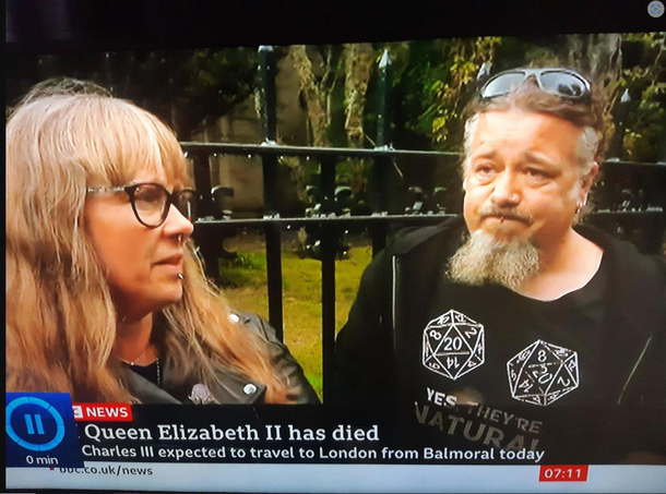 Me being interviewed by the BBC mourning The Queen at Balmoral in my DampD T-Shirt