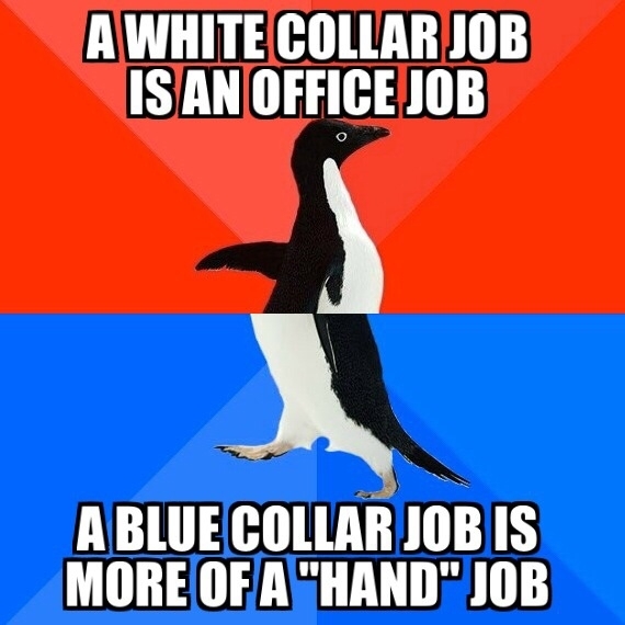 Me when I tried to explain the difference between a white collar job and a blue collar job to my friend