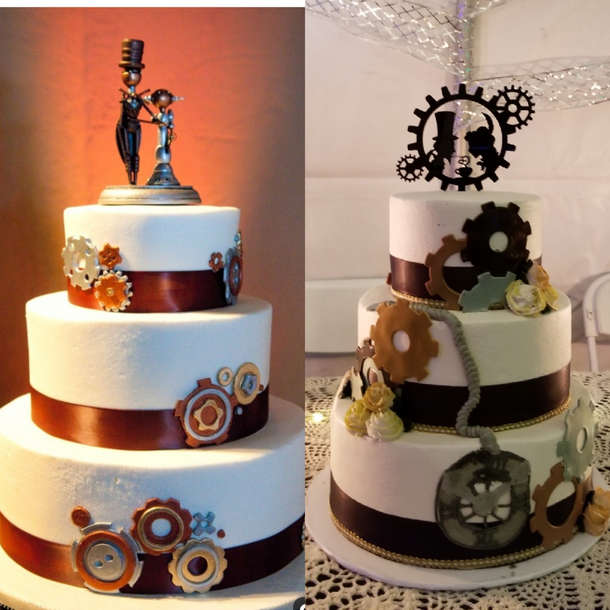 My beautiful steampunk wedding cake I showed the Baker the picture on the left and asked her to add a clock and told her she could put her own imagination into the design as well I chose the cake topper It came out magnificent