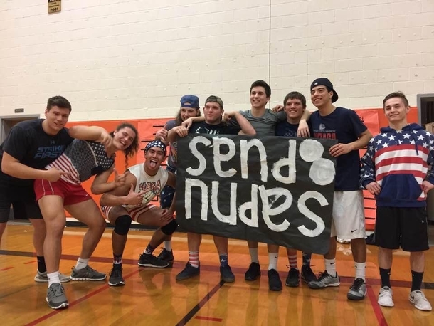 My brother had a macho volleyball tournament through his high school and this was their name sapnu puas this is their sign upside down They won their tournament and are going to districts 