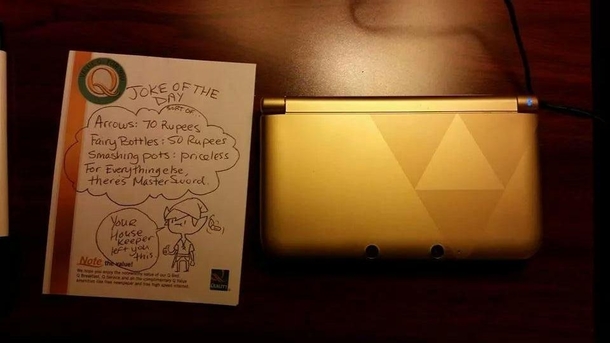 My brother left his DS in his hotel room When he came back the house keeper left him a note