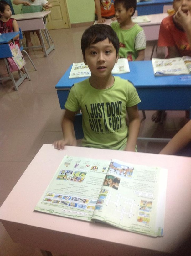 My brother teaches english in Vietnam I Dont think this young student or his parents understood what his t-shirt meant