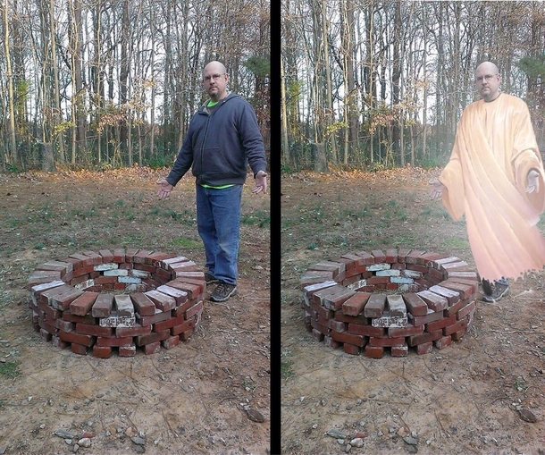 My Dad posted a photo of him standing next to his new fire pit he built However based on his pose I had to photoshop something else in
