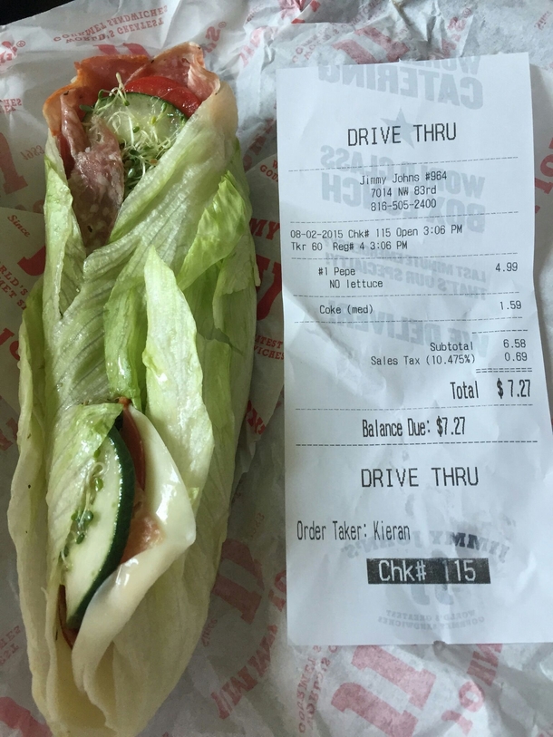 My friend just ordered this sandwich from Jimmy Johns He asked for no lettuce Got a lettuce wrap