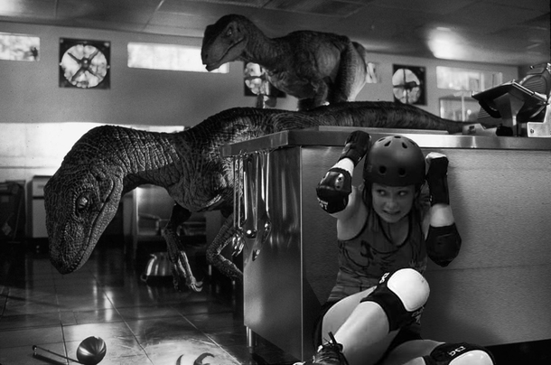 My friend plays roller derby A photographer caught an interesting picture of her during a championship game and I felt it needed more dinosaurs
