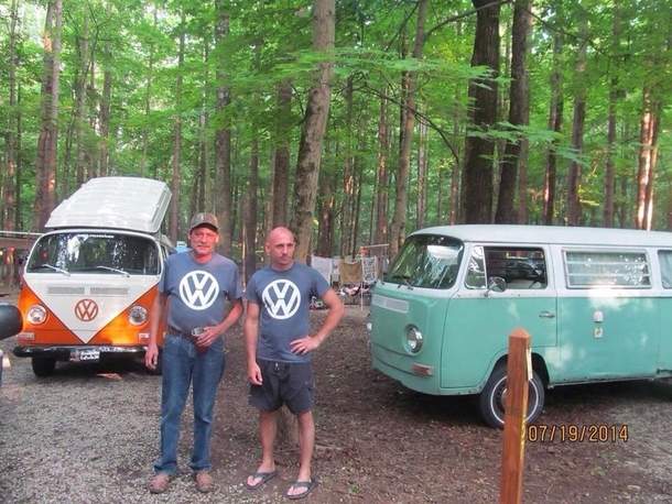 My husband and I were camping and we found a fellow VWer wearing the same shirt and owning the same year of bus