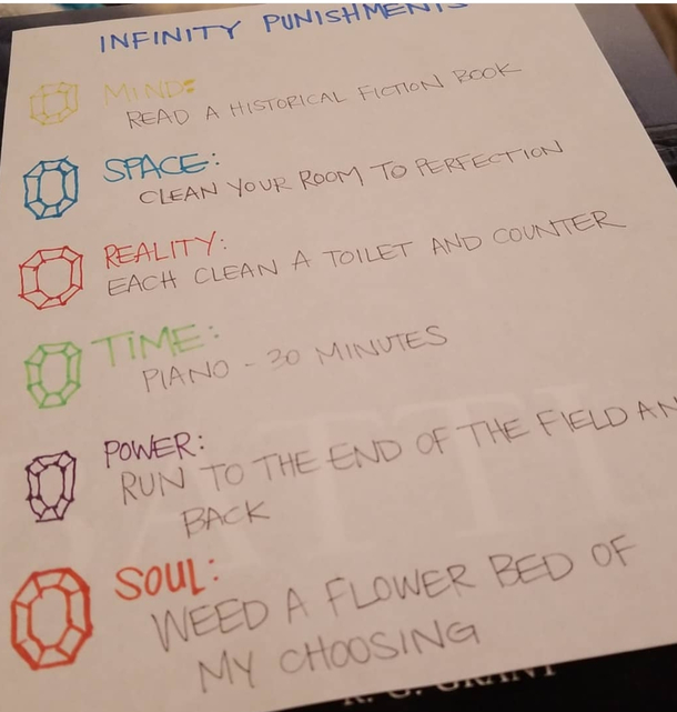 My kids spoiled Endgame They received chores based on the infinity stones