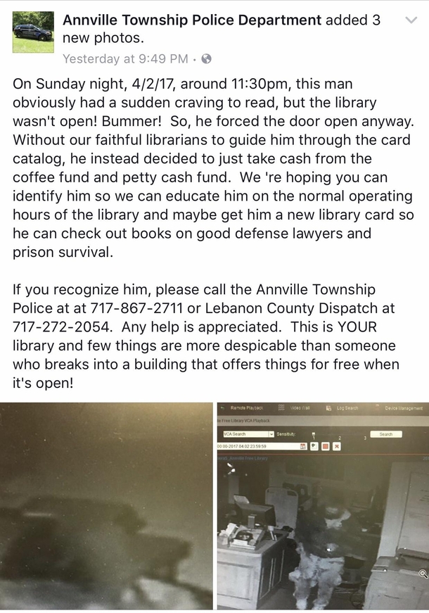 My local police department posted about a recent burglary at our local library