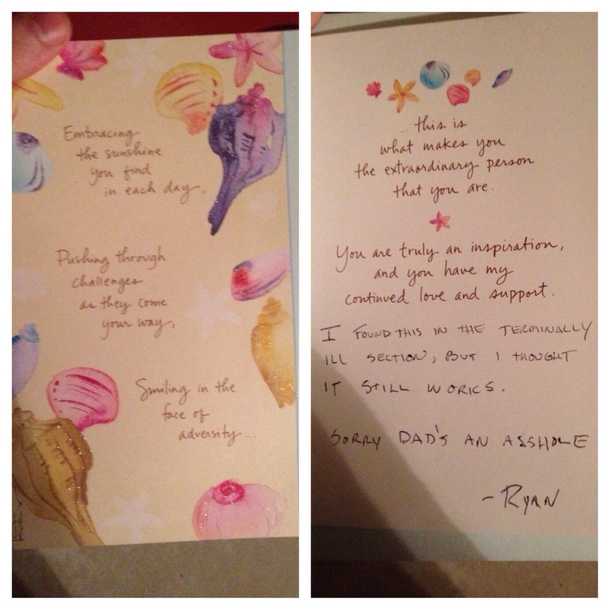My mom found out my dad has been cheating and since they dont exactly make cards for this occasion I had to improvise